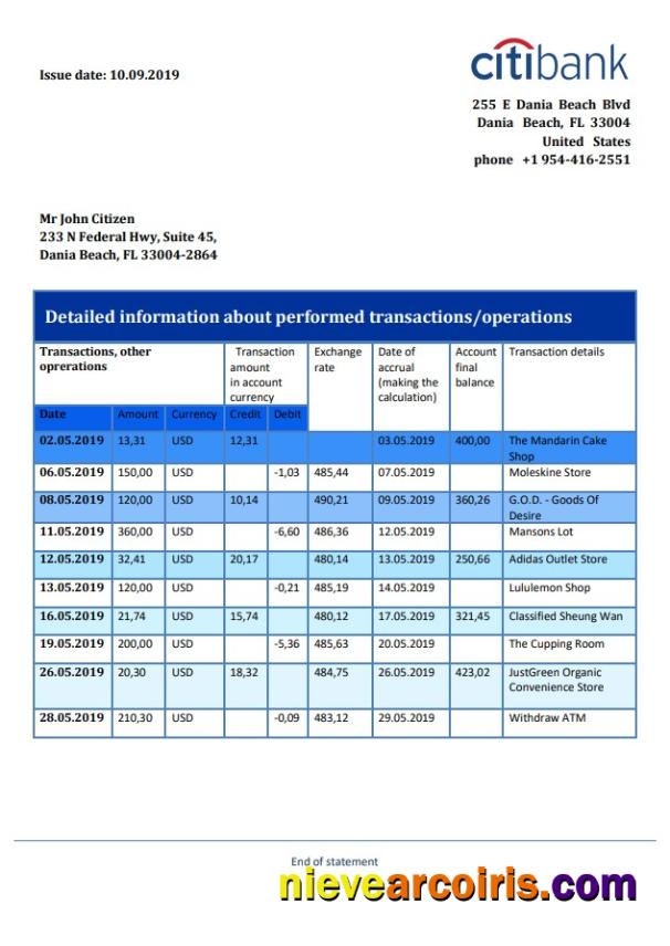 Hong Kong Citibank proof of address bank statement in Word and PDF format